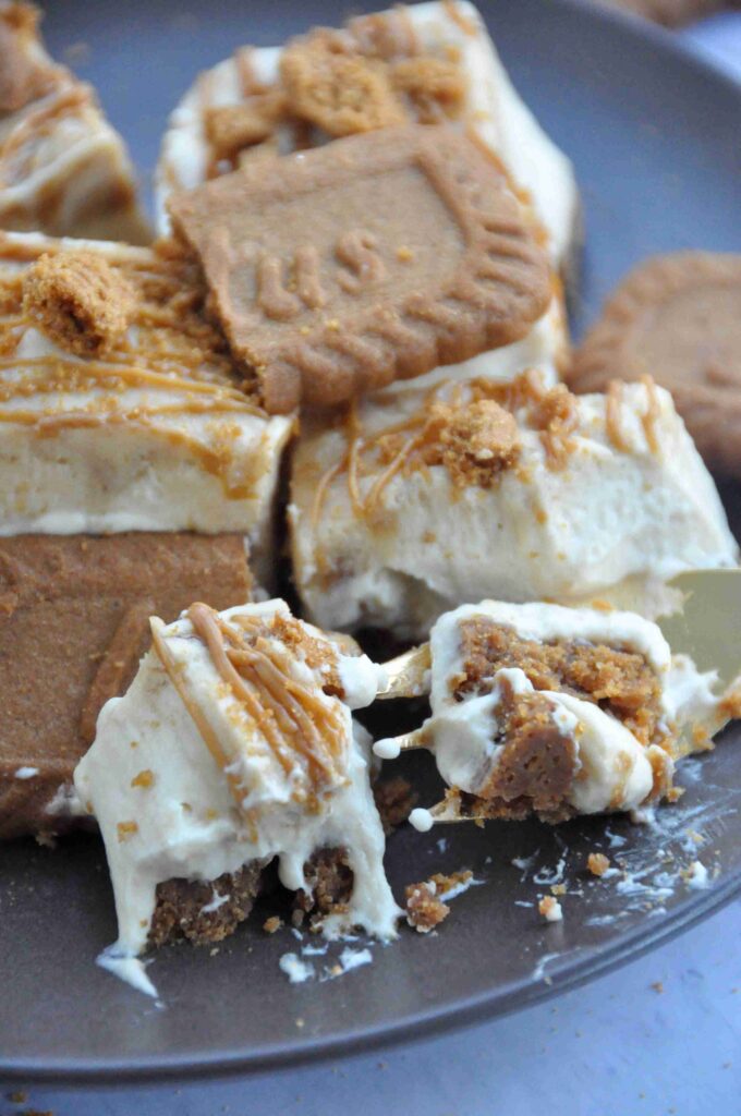 Biscoff Cheesecake Bars, bite missing