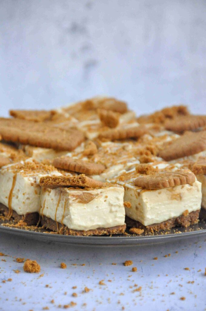 Biscoff Cheesecake bars, on a plate