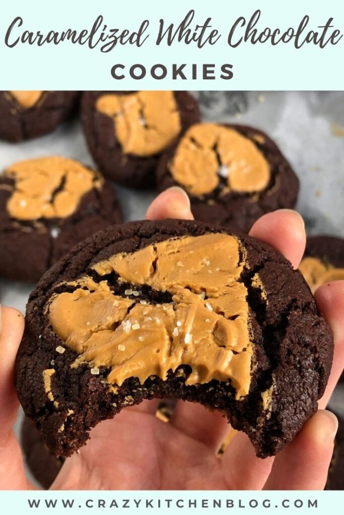 Caramelized white Chocolate Cookies with a bite missing