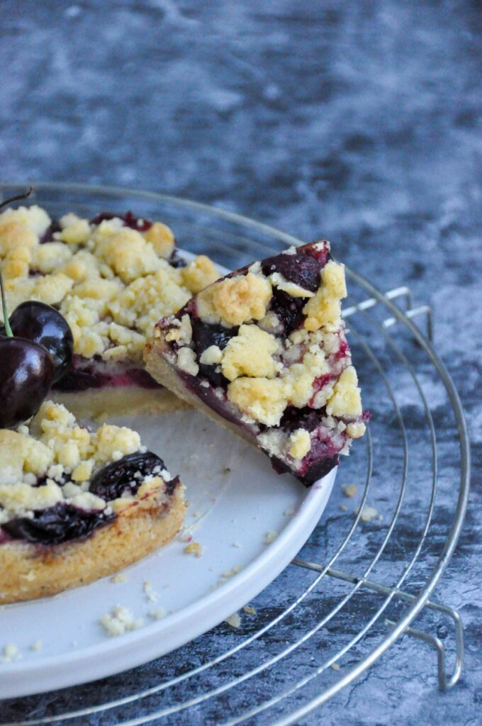 Cherry Crumble Bars on cooling rack