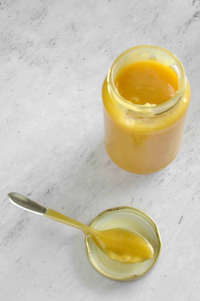 Salted Caramel Sauce, on a spoon and glass