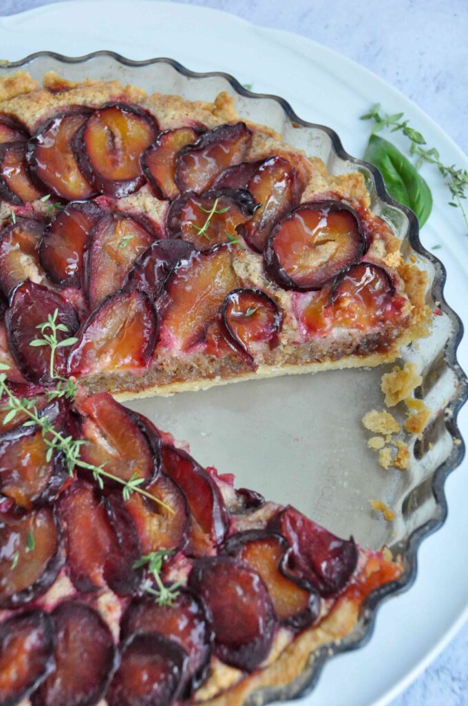 Plum Hazelnut Frangipane Tart, slice missing