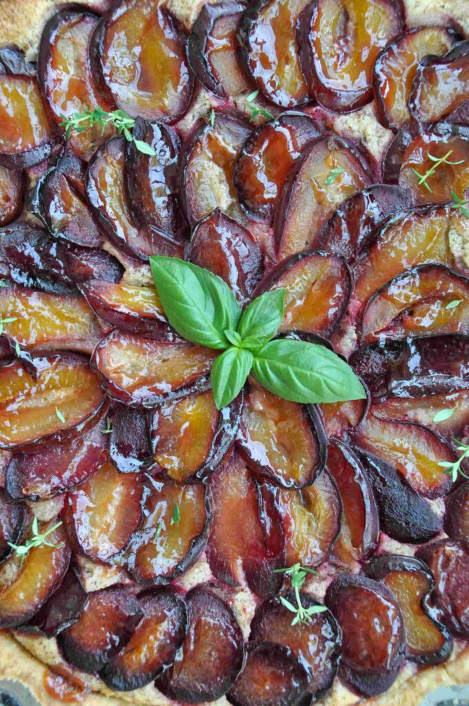 Plum Hazelnut Frangipane Tart, basil leaves