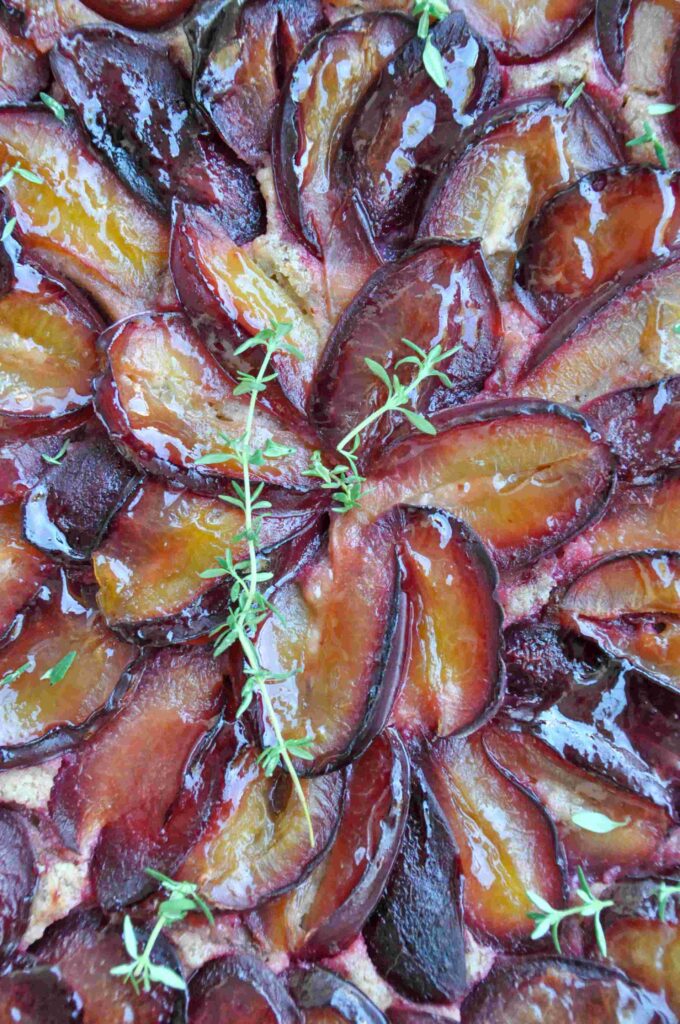 Plum Hazelnut Frangipane Tart, thyme