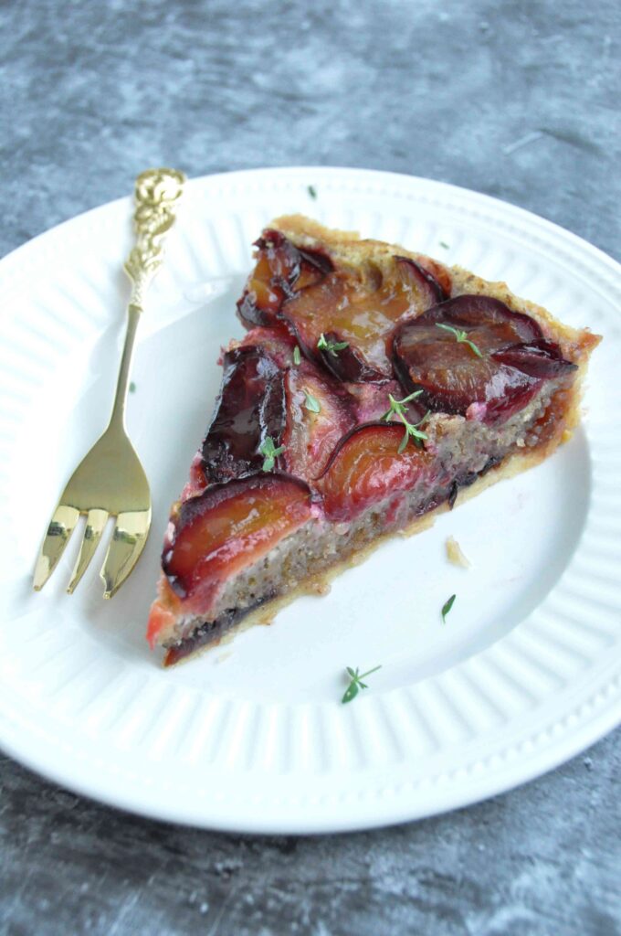 Plum Hazelnut Frangipane Tart, plate and fork