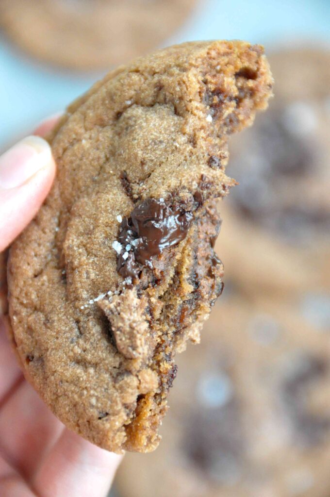 Crunchy Chunky Chocolate Cookies in hand bite