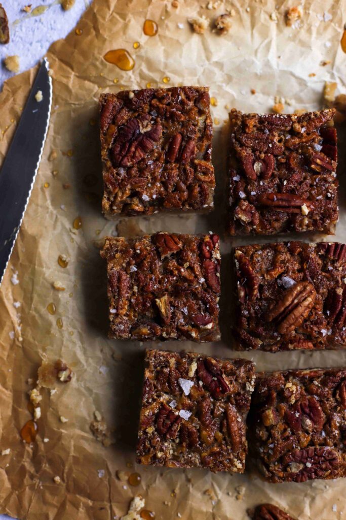 Maple Pecan Bars, with knife