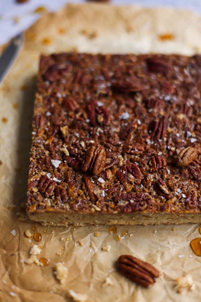 Maple Pecan Bars, pecan nut in focus