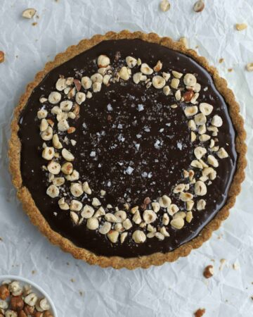 Chocolate Hazelnut Tart top view with ganache