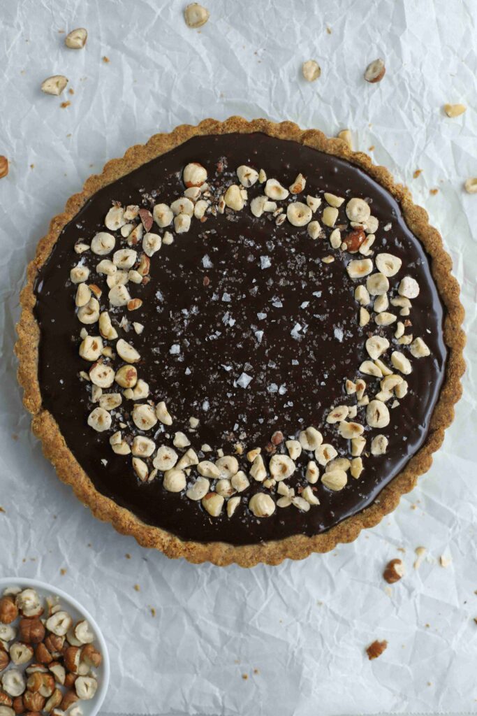 Chocolate Hazelnut Tart top view with ganache