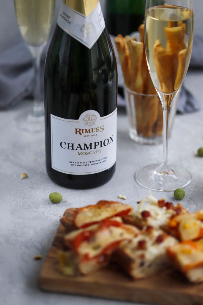 Different Baguette Appetizers with sparkling wine