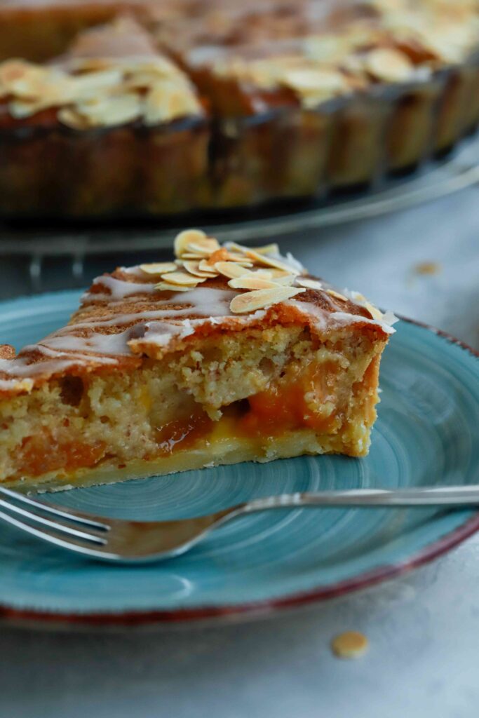 Apricot Frangipane Tart Slice closeup, oeey gooey filling