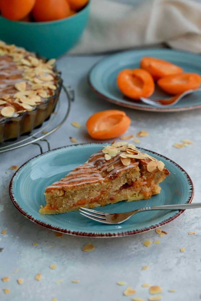 Apricot Frangipane Tart slice on a plate