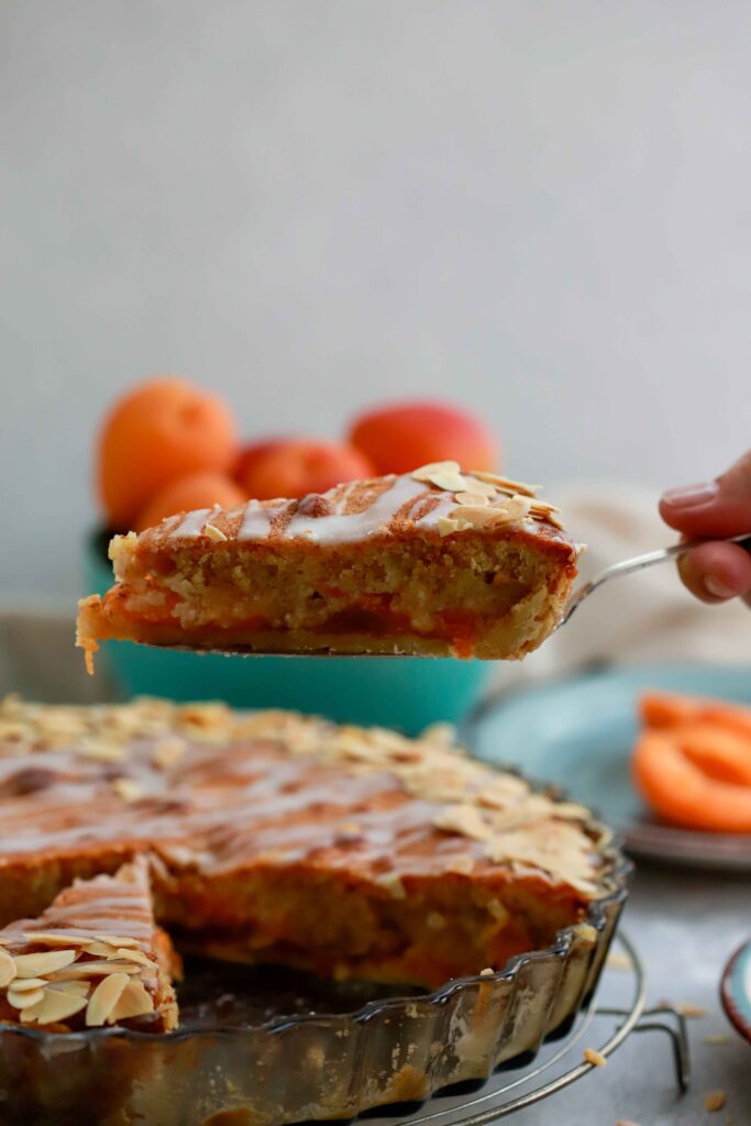 Apricot Frangipane Tart holding slice in the air