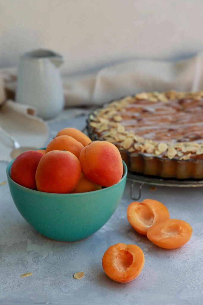 Apricots in a blue bowl